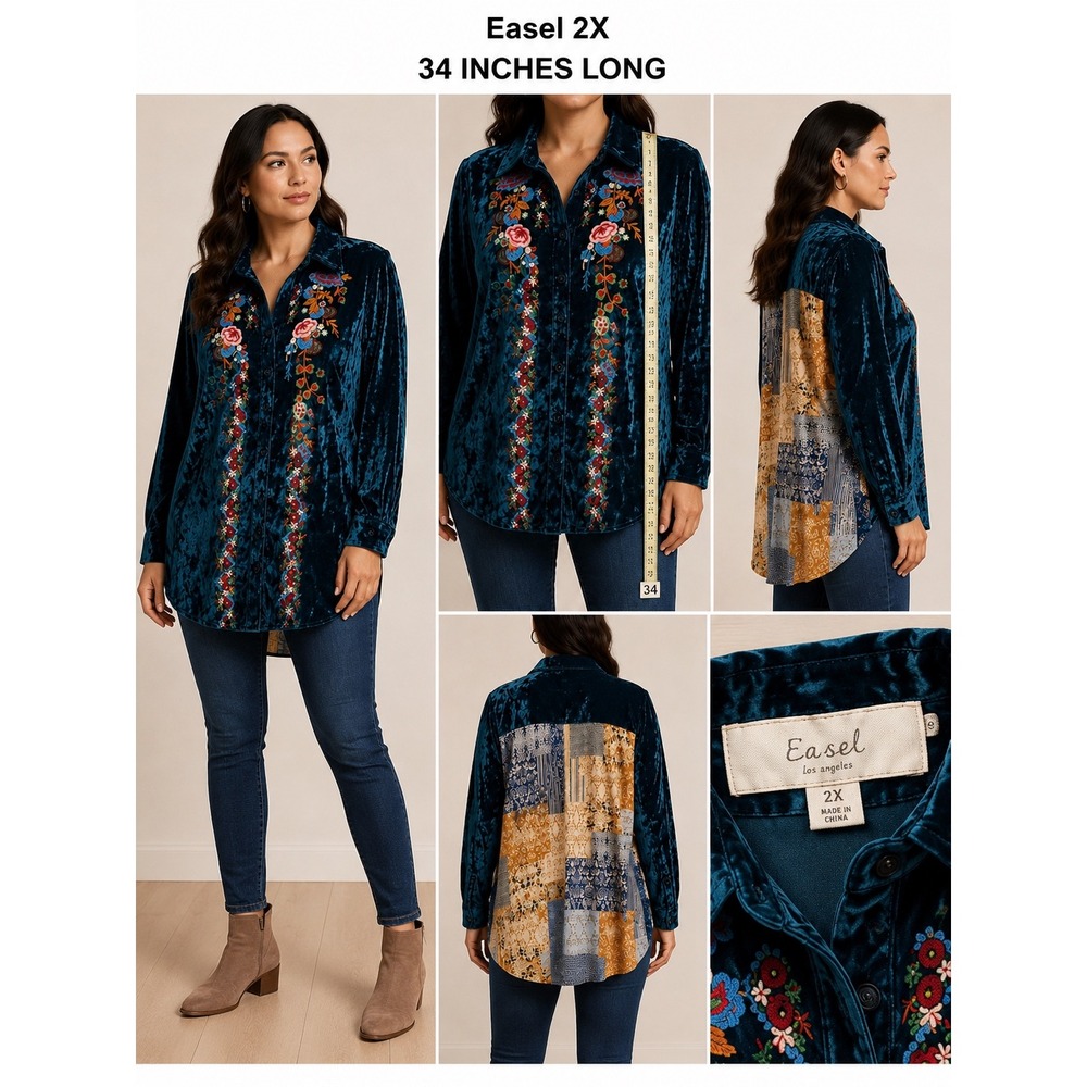 Easel Teal Velvet Floral Embroidered Patchwork Back Tunic Top 2X ED21708X